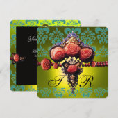 INVITATION ROSES CORAIL ROUGE, DAMAS MONOGRAMME NOIR VERT JAU (Devant / Derrière)