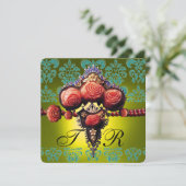 INVITATION ROSES CORAIL ROUGE, DAMAS MONOGRAMME NOIR VERT JAU (Debout devant)