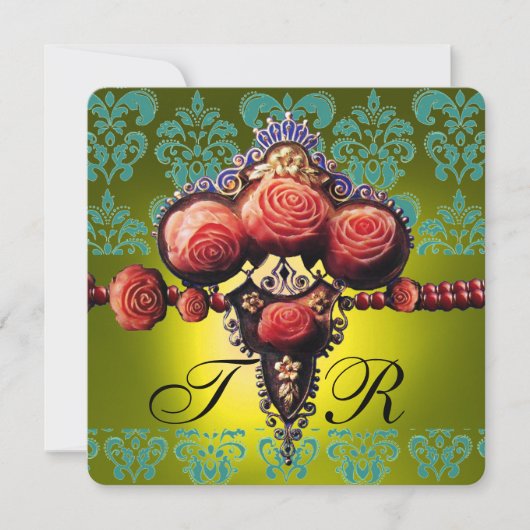 INVITATION ROSES CORAIL ROUGE, DAMAS MONOGRAMME NOIR VERT JAU (Devant)