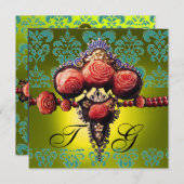 INVITATION ROSES CORAIL ROUGE, DAMAS MONOGRAMME NOIR VERT JAU (Devant / Derrière)