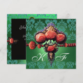 INVITATION ROSES CORAIL ROUGE, DAMAS MONOGRAMME VERT BLEU NOI (Devant / Derrière)