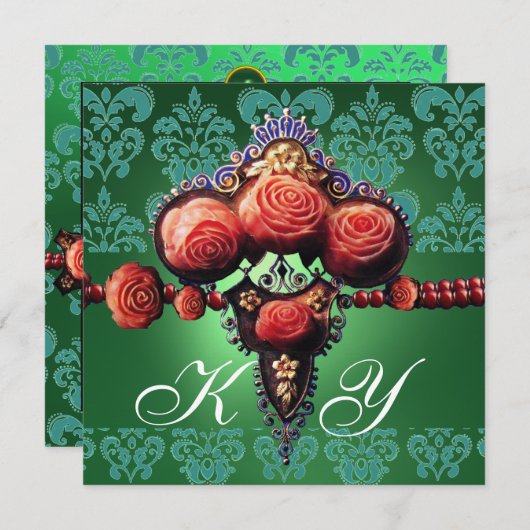 INVITATION ROSES CORAIL ROUGE, DAMAS MONOGRAMME VERT BLEU NOI (Devant / Derrière)