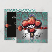 INVITATION ROSES CORAIL ROUGE, DAMAS NOIR VERT BLANC MONOGRAM (Devant / Derrière)