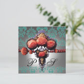 INVITATION ROSES CORAIL ROUGE, DAMAS NOIR VERT BLANC MONOGRAM (Debout devant)
