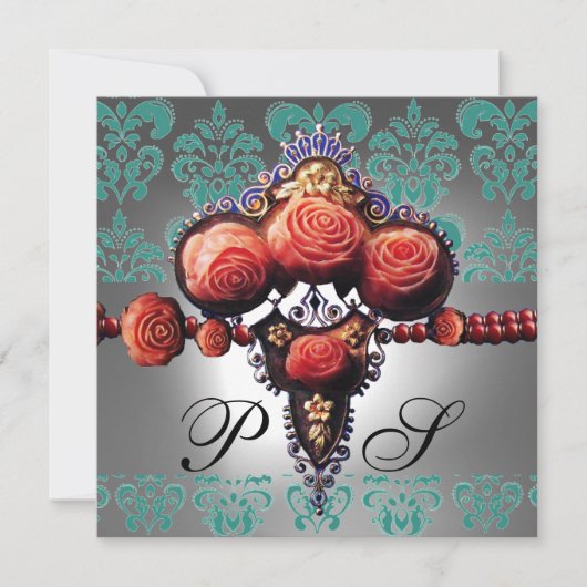 INVITATION ROSES CORAIL ROUGE, DAMAS NOIR VERT BLANC MONOGRAM (Devant)