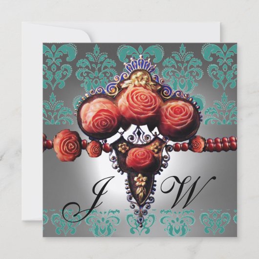 INVITATION ROSES CORAIL ROUGE, DAMAS NOIR VERT BLANC MONOGRAM (Devant)