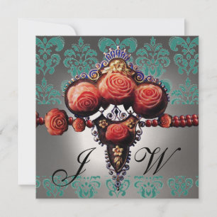 INVITATION ROSES CORAIL ROUGE, DAMAS NOIR VERT BLANC MONOGRAM