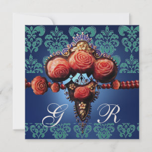 INVITATION ROSES CORAIL ROUGE, DAMAS OR BLEU AQUA MONOGRAMME