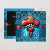 INVITATION ROSES CORAIL ROUGE, MONOGRAMME DAMAS AQUA BLEU NOI (Devant / Derrière)