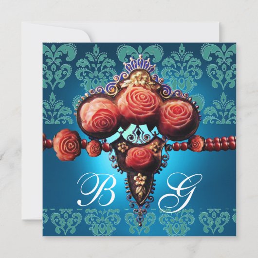 INVITATION ROSES CORAIL ROUGE, MONOGRAMME DAMAS AQUA BLEU NOI (Devant)