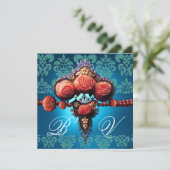 INVITATION ROSES CORAIL ROUGE, MONOGRAMME DAMAS BLEU AQUA NOI (Debout devant)