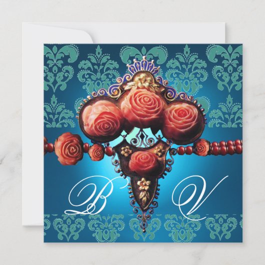 INVITATION ROSES CORAIL ROUGE, MONOGRAMME DAMAS BLEU AQUA NOI (Devant)