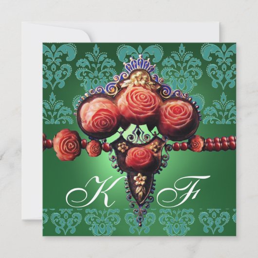 INVITATION ROSES CORAIL ROUGE, MONOGRAMME DAMAS BLEU VERT NOI (Devant)