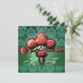 INVITATION ROSES CORAIL ROUGE, MONOGRAMME DAMAS BLEU VERT NOI (Debout devant)