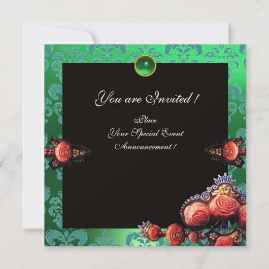 INVITATION ROSES CORAIL ROUGE, MONOGRAMME DAMAS BLEU VERT NOI (Dos)