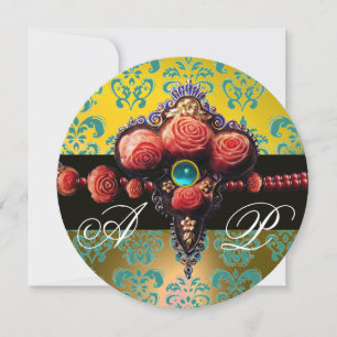 INVITATION ROSES CORAIL ROUGE, MONOGRAMME DAMASSÉ BLEU AQUA J