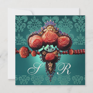 INVITATION ROSES CORAIL ROUGE, MONOGRAMME DAMASSÉ BLEU AQUA N