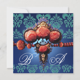 INVITATION ROSES CORAIL ROUGE, MONOGRAMME DAMASSÉ BLEU AQUA N