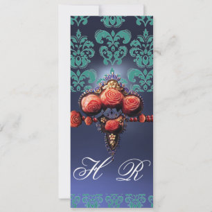INVITATION ROSES CORAIL ROUGE, MONOGRAMME DAMASSÉ NOIR BLEU A