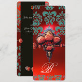 INVITATION ROSES CORAIL ROUGE, MONOGRAMME DAMASSÉ NOIR BLEU S (Devant / Derrière)