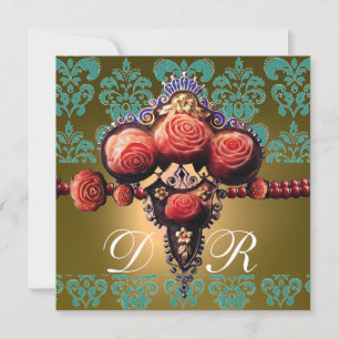 INVITATION ROSES CORAIL ROUGE, MONOGRAMME DAMASSÉ NOIR VERT J