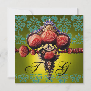 INVITATION ROSES CORAIL ROUGE, MONOGRAMME DAMASSÉ NOIR VERT J