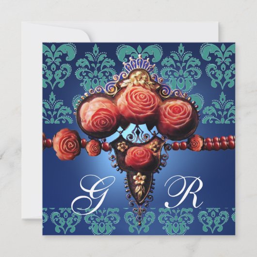 INVITATION ROSES CORAIL ROUGE, MONOGRAMME DAMASSÉ OR BLEU AQU (Devant)