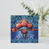 INVITATION ROSES CORAIL ROUGE, MONOGRAMME DAMASSÉ OR BLEU AQU (Debout devant)
