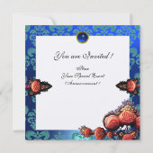 INVITATION ROSES CORAIL ROUGE, MONOGRAMME DAMASSÉ OR BLEU AQU (Dos)
