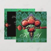 INVITATION ROSES CORAIL ROUGE, MONOGRAMME DAMASSÉ VERT BLEU N (Devant / Derrière)