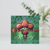 INVITATION ROSES CORAIL ROUGE, MONOGRAMME DAMASSÉ VERT BLEU N (Debout devant)