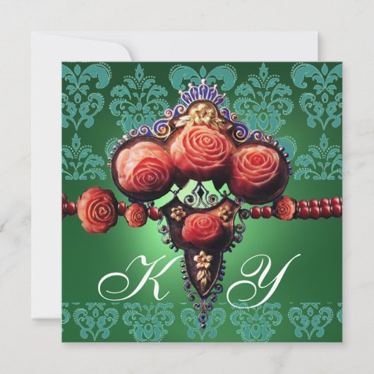 INVITATION ROSES CORAIL ROUGE, MONOGRAMME DAMASSÉ VERT BLEU N (Devant)