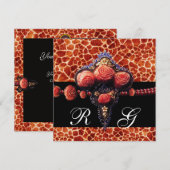 INVITATION ROSES CORAIL ROUGE NOIR, MONOGRAMME PEAU DE GIRAFE (Devant / Derrière)