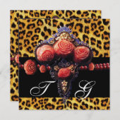 INVITATION ROSES CORAIL ROUGE NOIR, MONOGRAMME PEAU DE LÉOPAR (Devant / Derrière)