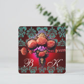 INVITATION ROSES CORAIL ROUGE OR, MONOGRAMME DAMAS BLEU NOIR (Debout devant)