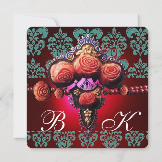 INVITATION ROSES CORAIL ROUGE OR, MONOGRAMME DAMAS BLEU NOIR (Devant)