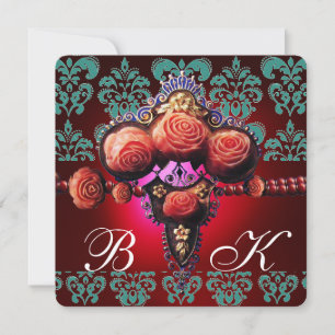 INVITATION ROSES CORAIL ROUGE OR, MONOGRAMME DAMAS BLEU NOIR