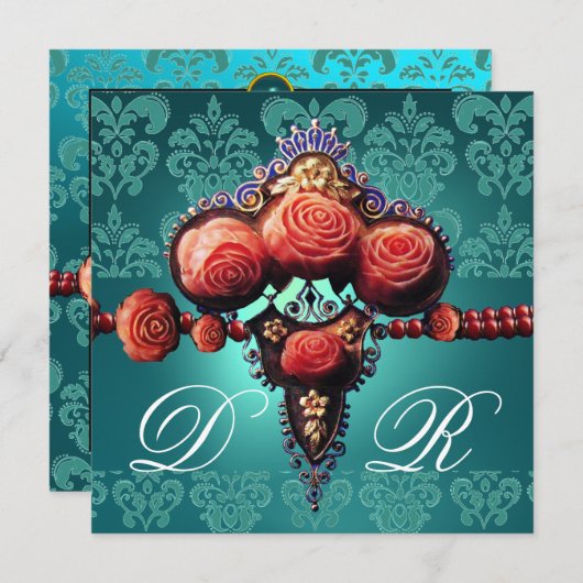 INVITATION ROSES CORAIL ROUGES, DAMAS MONOGRAMME BLEU AQUA NO (Devant / Derrière)