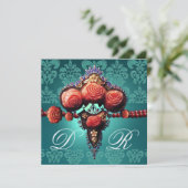 INVITATION ROSES CORAIL ROUGES, DAMAS MONOGRAMME BLEU AQUA NO (Debout devant)