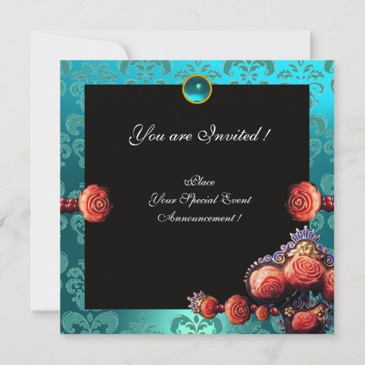 INVITATION ROSES CORAIL ROUGES, DAMAS MONOGRAMME BLEU AQUA NO (Dos)