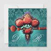 INVITATION ROSES CORAIL ROUGES, DAMAS MONOGRAMME BLEU AQUA NO (Devant)