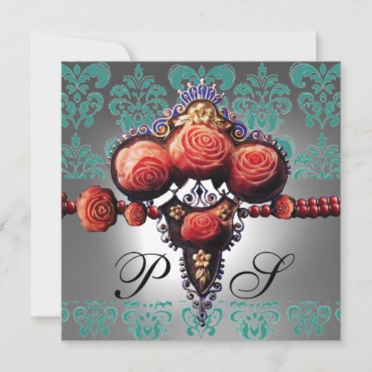 INVITATION ROSES CORAIL ROUGES, DAMAS MONOGRAMME NOIR VERT BL (Devant)