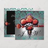 INVITATION ROSES CORAIL ROUGES, DAMAS MONOGRAMME NOIR VERT BL (Devant / Derrière)