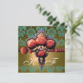 INVITATION ROSES CORAIL ROUGES, DAMAS MONOGRAMME NOIR VERT JA (Debout devant)