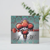 INVITATION ROSES CORAIL ROUGES, DAMAS NOIR VERT BLANC MONOGRA (Debout devant)