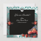 INVITATION ROSES CORAIL ROUGES, DAMAS NOIR VERT BLANC MONOGRA (Dos)