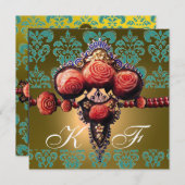 INVITATION ROSES CORAIL ROUGES, DAMAS NOIR VERT JAUNE MONOGRA (Devant / Derrière)