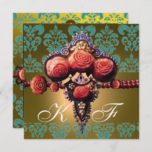 INVITATION ROSES CORAIL ROUGES, DAMAS NOIR VERT JAUNE MONOGRA (Devant / Derrière)