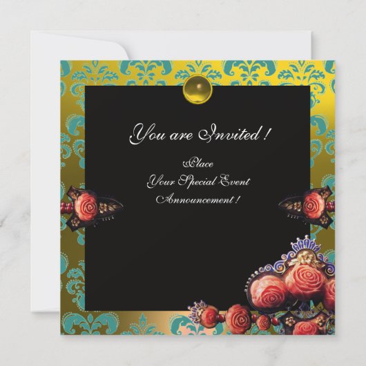 INVITATION ROSES CORAIL ROUGES, DAMAS NOIR VERT JAUNE MONOGRA (Dos)