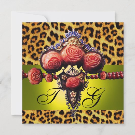 INVITATION ROSES CORAIL ROUGES JAUNE, MONOGRAMME PEAU DE LÉOP (Devant)